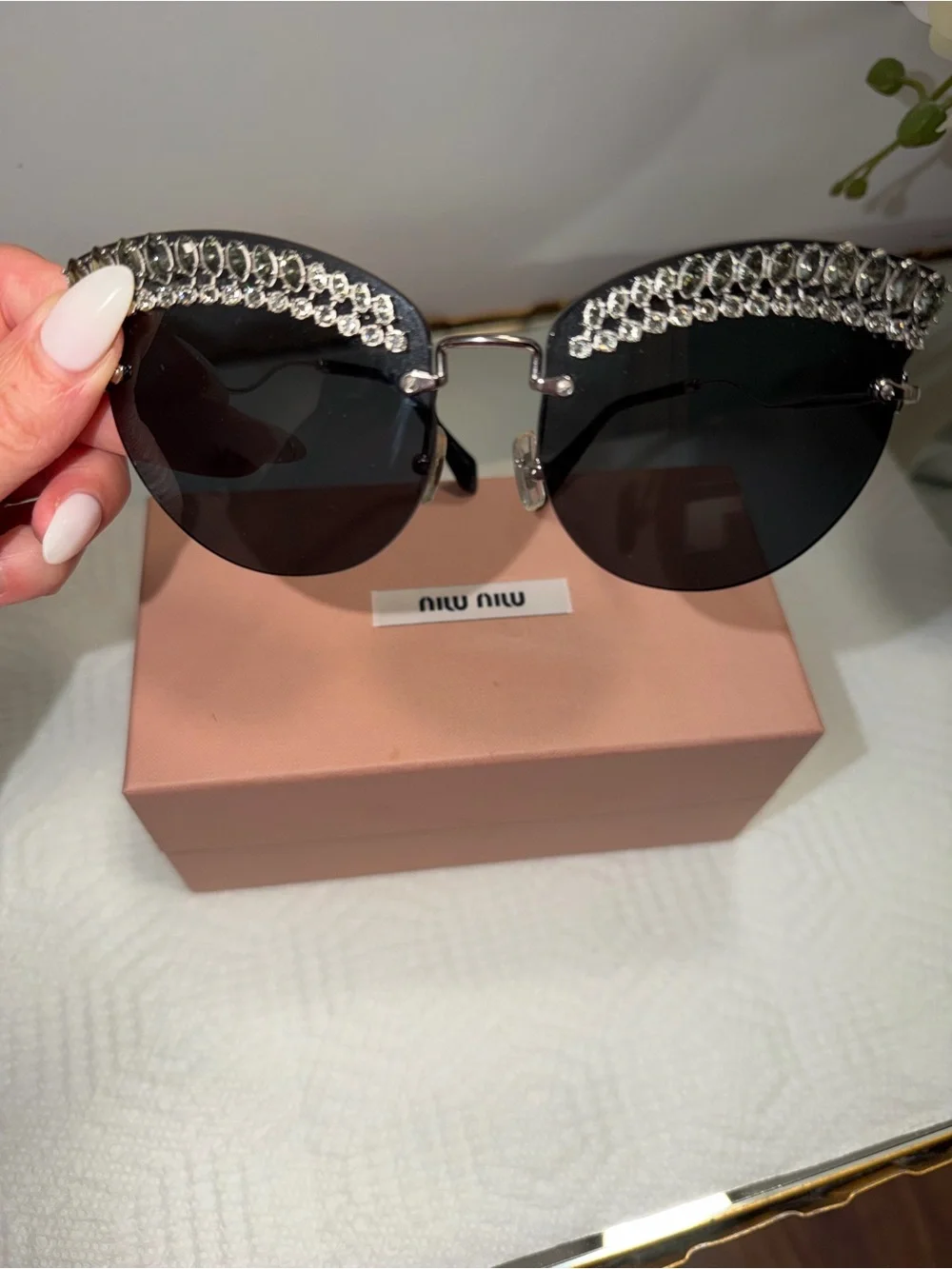 Authentic Miu Miu Black Crystal Brow Round Sunglasses